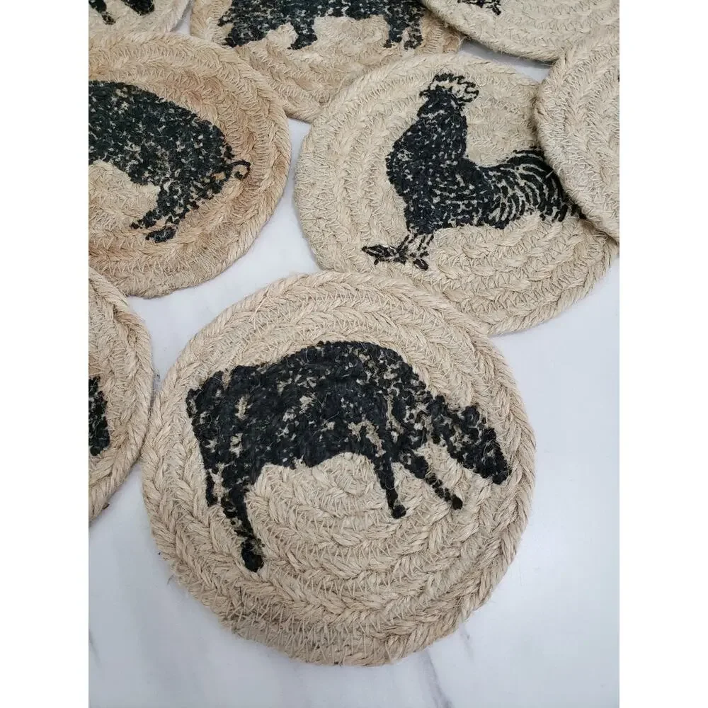 VHC Brand Coasters Cumberland Jute Rustic 4in Set of 15 Cow Chicken Pig Hen Farm